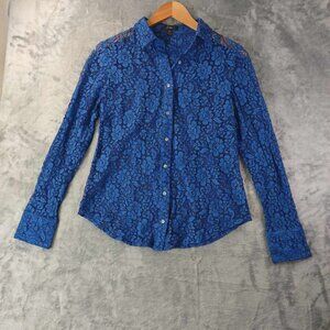 J.Crew Women's 4 Blue Lacy Floral Artsy Abstract Button-Down Long-sleeved Shirt